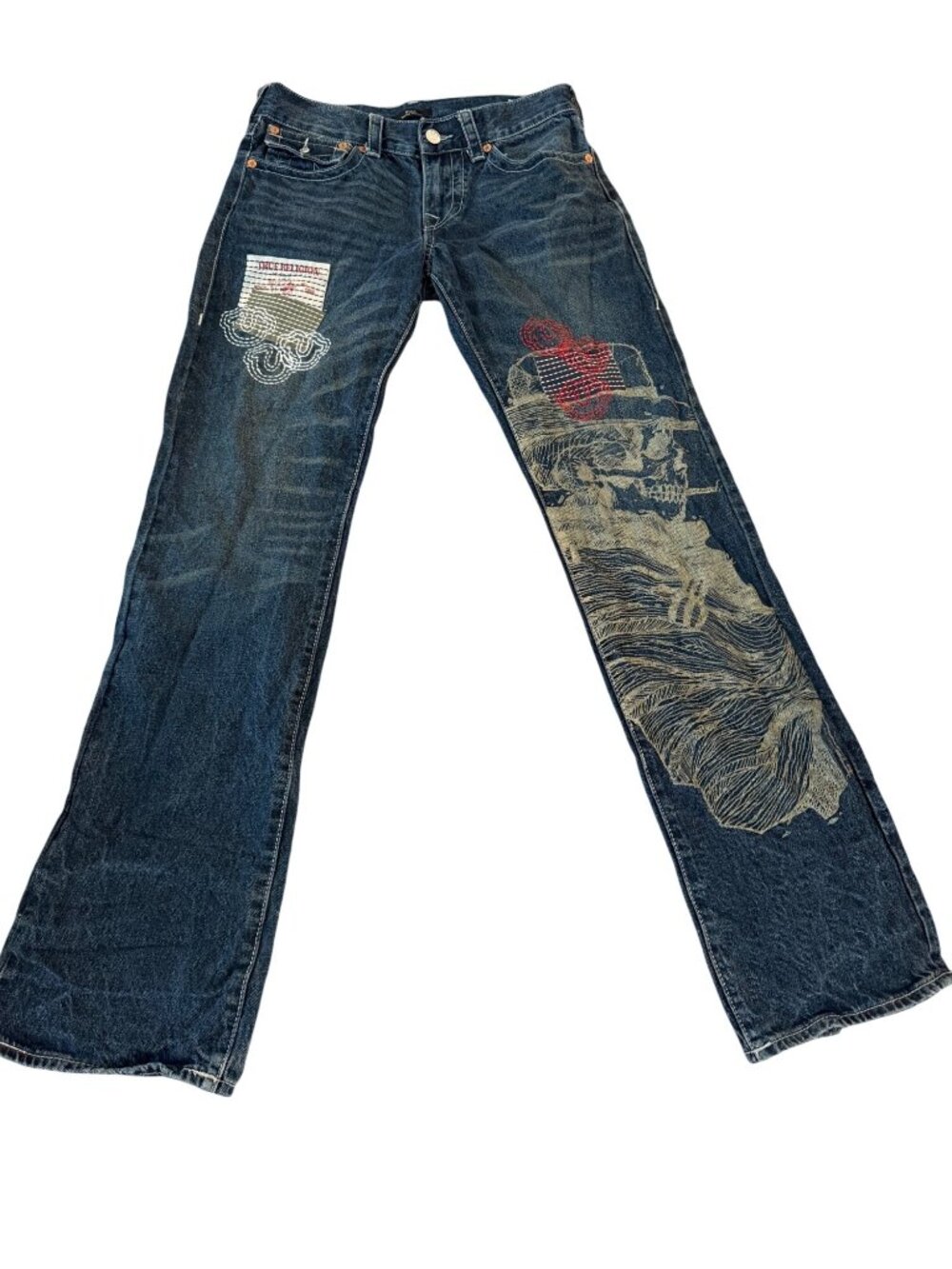 True Religion Mens Painted Graphic Stacked Bootcut Jean Size 31x35 Blue Casual